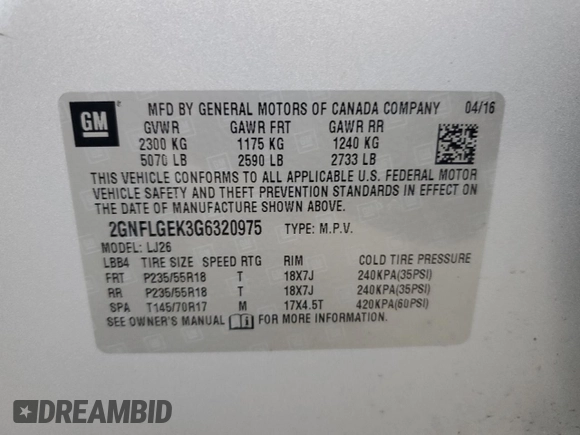 2016 Chevrolet Equinox LTZ with VIN 2GNFLGEK3G6320975, listed as a Copart auction lot 49506284 with 79,604 mi miles and Salvage Title. Bid and sale history available at carsss.com. Image 13.