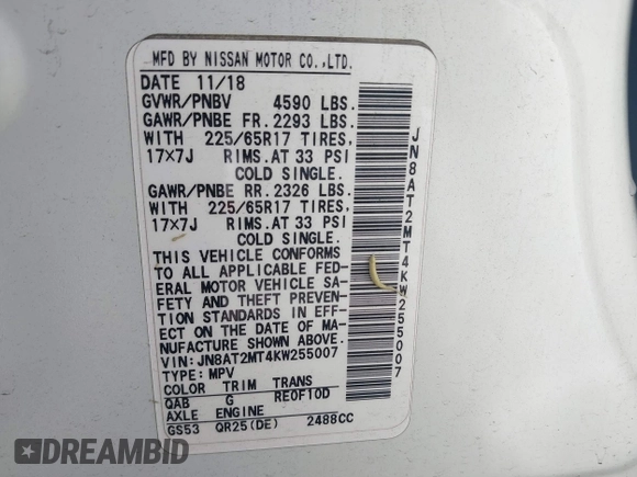 2019 Nissan Rogue SV with VIN JN8AT2MT4KW255007, listed as a IAAI auction lot 42066613 with 106,699 mi miles and . Bid and sale history available at DreamBid. Image 9.