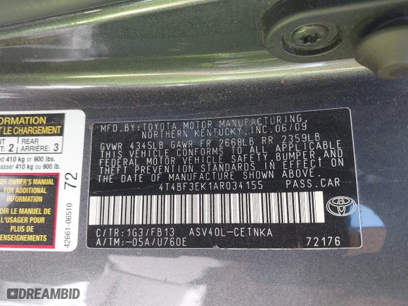 2010 Toyota Camry with VIN 4T4BF3EK1AR034155, listed as a IAAI auction lot 41966582 with 153,867 mi miles. Bid and sale history available at carsss.com. Image 9.