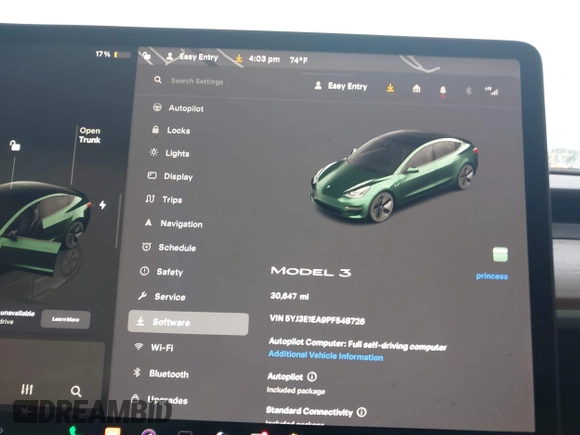 2023 Tesla Model 3 with VIN 5YJ3E1EA9PF548726, listed as a IAAI auction lot 42345157 with 30,647 mi miles and . Bid and sale history available at DreamBid. Image 7.