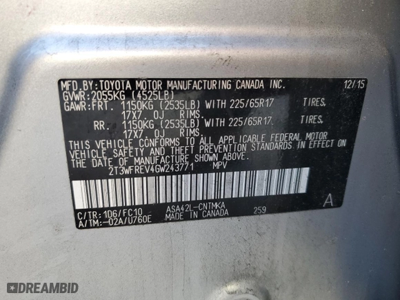2016 Toyota RAV4 XLE with VIN 2T3WFREV4GW243771, listed as a Copart auction lot 48159685 with 104,490 mi miles and Clean Title. Bid and sale history available at carsss.com. Image 16.