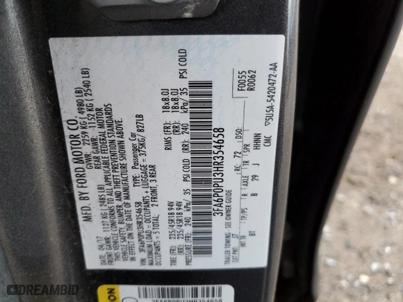 2017 Ford Fusion Energi SE with VIN 3FA6P0PU3HR354658, listed as a Copart auction lot 71824902 with 67,618 mi miles. Bid and sale history available at carsss.com. Image 12.