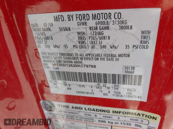 2009 Ford F-150 XL with VIN 1FTRW12829KC78768, listed as a IAAI auction lot 41844154 with Not provided miles and . Bid and sale history available at DreamBid. Image 9.