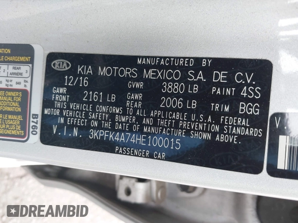 2017 Kia Forte LX with VIN 3KPFK4A74HE100015, listed as a IAAI auction lot 41894601 with 73,945 mi miles and . Bid and sale history available at carsss.com. Image 9.