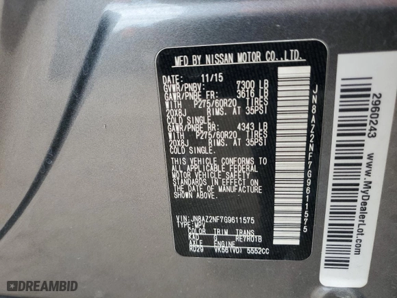 2016 Infiniti QX80 with VIN JN8AZ2NF7G9611575, listed as a Copart auction lot 62261044 with 120,151 mi miles and Salvage Title. Bid and sale history available at carsss.com. Image 13.