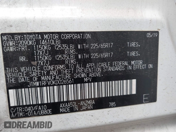 2019 Toyota RAV4 XLE with VIN JTMW1RFV0KD026561, listed as a IAAI auction lot 42035063 with 51,670 mi miles. Bid and sale history available at carsss.com. Image 9.