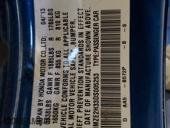 2013 Honda Insight with VIN JHMZE2H33DS005253, listed as a Copart auction lot 88088245 with 179,041 mi miles and Salvage title. Bid and sale history available at DreamBid. Image 12.