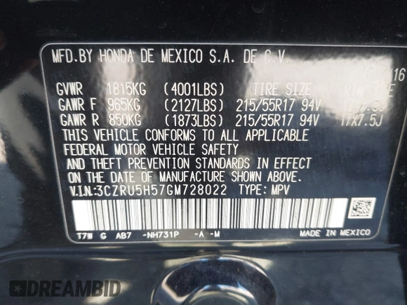 2016 Honda HR-V EX with VIN 3CZRU5H57GM728022, listed as a IAAI auction lot 41738048 with 76,869 mi miles and . Bid and sale history available at DreamBid. Image 9.