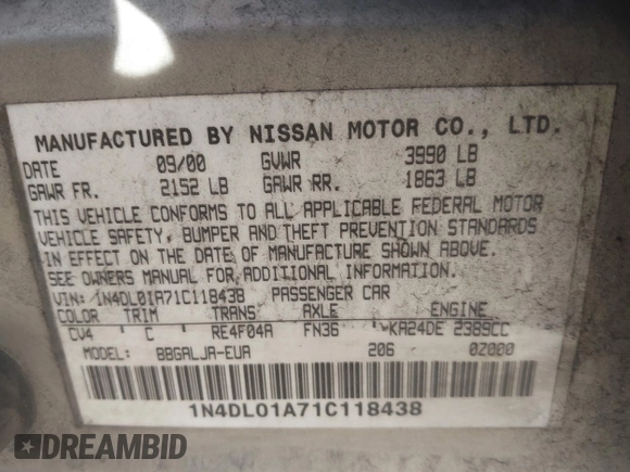 2001 Nissan Altima GXE with VIN 1N4DL01A71C118438, listed as a IAAI auction lot 41538461 with 1 mi miles. Bid and sale history available at carsss.com. Image 9.