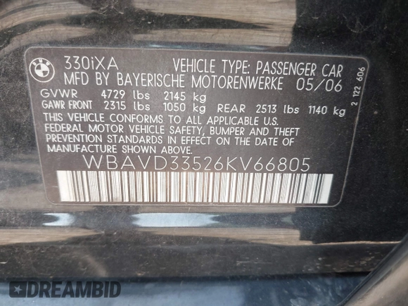 2006 BMW 3 Series 330xi with VIN WBAVD33526KV66805, listed as a IAAI auction lot 40047893 with 167,625 mi miles. Bid and sale history available at carsss.com. Image 9.