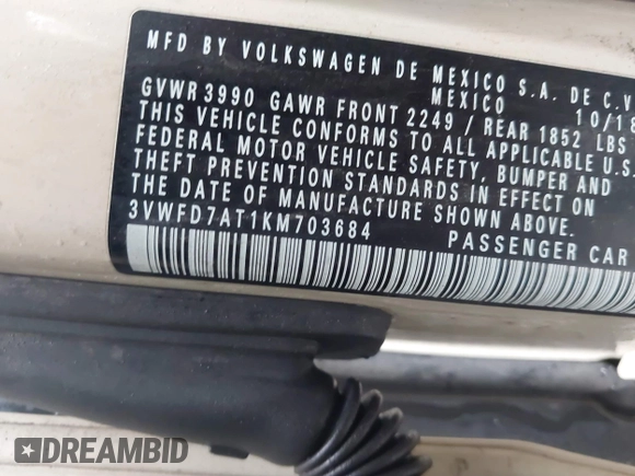 2019 Volkswagen Beetle S с VIN 3VWFD7AT1KM703684, выставлен на аукционе IAAI как лот 41571691 с пробегом 111 180 миль миль и . История ставок и продаж доступна на DreamBid. Изображение 9.