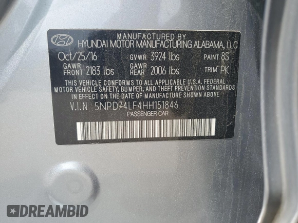 2017 Hyundai Elantra SE z VIN 5NPD74LF4HH151846, wystawiony jako Copart lot #56377315 z przebiegiem 176 200 mil mil oraz Szkoda całkowita • Salvage title. Historia ofert i sprzedaży dostępna na DreamBid. Obrazek 13.
