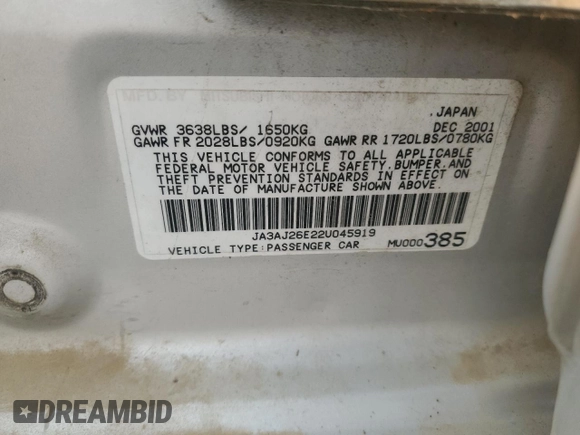 2002 Mitsubishi Lancer ES with VIN JA3AJ26E22U045919, listed as a Copart auction lot 63852225 with 184,071 mi miles and Salvage title. Bid and sale history available at DreamBid. Image 12.
