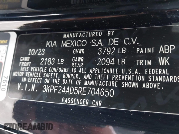 2024 Kia Forte LXS z VIN 3KPF24AD5RE704650, wystawiony jako IAAI lot #42288244 z przebiegiem 26 077 mil mil oraz . Historia ofert i sprzedaży dostępna na DreamBid. Obrazek 9.