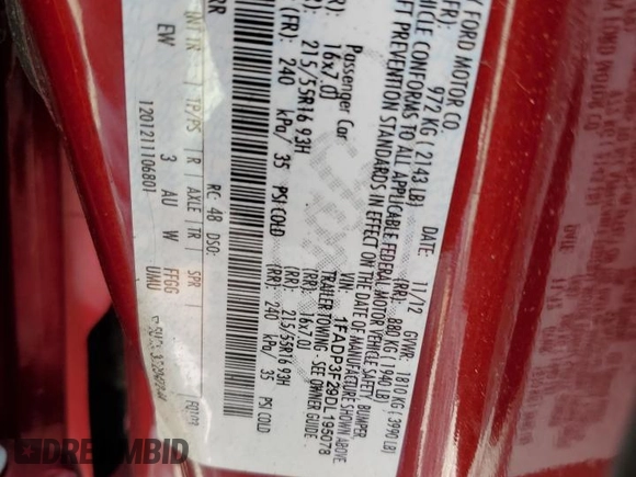 2013 Ford Focus SE with VIN 1FADP3F29DL195078, listed as a Copart auction lot 60838605 with 95,643 mi miles and Salvage title. Bid and sale history available at DreamBid. Image 13.