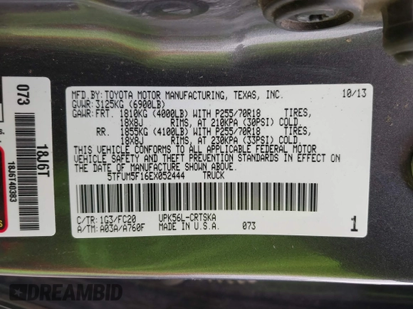 2014 Toyota Tundra SR with VIN 5TFUM5F16EX052444, listed as a IAAI auction lot 42298372 with 121,876 mi miles and . Bid and sale history available at DreamBid. Image 9.