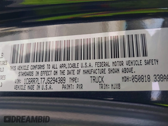 2018 Ram 1500 SLT with VIN 1C6RR7LT7JS294389, listed as a IAAI auction lot 41600149 with 109,504 mi miles. Bid and sale history available at carsss.com. Image 9.