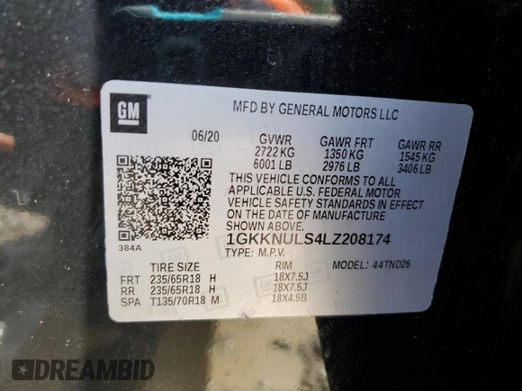 2020 GMC Acadia SLT with VIN 1GKKNULS4LZ208174, listed as a Copart auction lot 51036115 with 77,148 mi miles and Non Repairable. Bid and sale history available at DreamBid. Image 14.