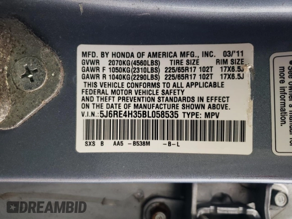 2011 Honda CR-V LX with VIN 5J6RE4H35BL058535, listed as a Copart auction lot 85923164 with 134,205 mi miles and Salvage Title. Bid and sale history available at carsss.com. Image 12.