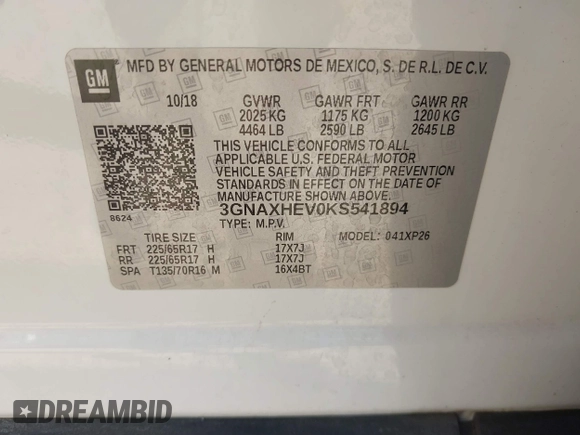 2019 Chevrolet Equinox LS with VIN 3GNAXHEV0KS541894, listed as a IAAI auction lot 41691873 with 81,128 mi miles and . Bid and sale history available at DreamBid. Image 9.
