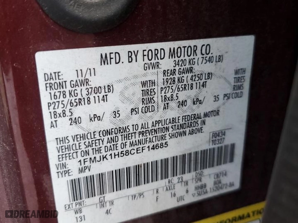2012 Ford Expedition EL King Ranch with VIN 1FMJK1H58CEF14685, listed as a Copart auction lot 85143134 with 301,458 mi miles and Salvage Title. Bid and sale history available at carsss.com. Image 13.