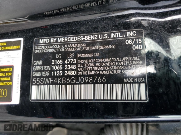 2016 Mercedes-Benz C 300 Luxury with VIN 55SWF4KB6GU098766, listed as a Copart auction lot 53771365 with 133,863 mi miles and Salvage Title. Bid and sale history available at DreamBid. Image 12.