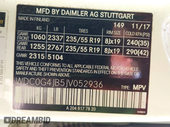 2018 Mercedes-Benz GLC 300 with VIN WDC0G4JB5JV052936, listed as a IAAI auction lot 42208183 with 64,578 mi miles and . Bid and sale history available at DreamBid. Image 9.