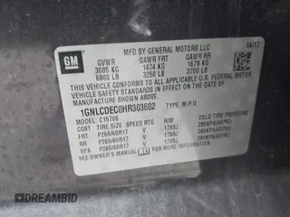 2017 Chevrolet Tahoe Commercial with VIN 1GNLCDEC0HR303602, listed as a IAAI auction lot 41718630 with 196,484 mi miles and . Bid and sale history available at DreamBid. Image 9.