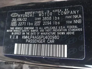 2023 Hyundai Elantra Limited with VIN KMHLP4AG6PU400980, listed as a IAAI auction lot 41886606 with 19,219 mi miles and . Bid and sale history available at DreamBid. Image 9.