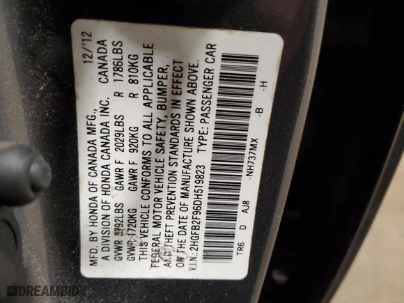 2013 Honda Civic Sdn EX-L with VIN 2HGFB2F96DH519823, listed as a Copart auction lot 52389675 with 249,543 mi miles and Salvage Title. Bid and sale history available at carsss.com. Image 12.