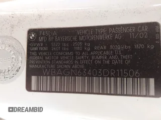 2003 BMW 7 Series 745Li with VIN WBAGN63403DR11506, listed as a IAAI auction lot 41350546 with 193,766 mi miles and . Bid and sale history available at DreamBid. Image 9.