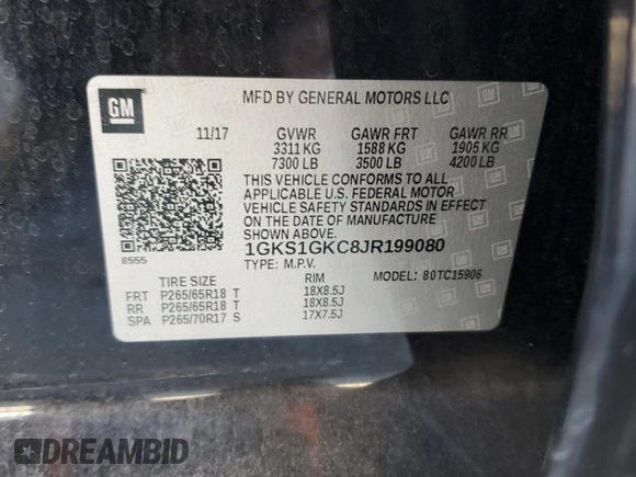 2018 GMC Yukon XL SLT with VIN 1GKS1GKC8JR199080, listed as a Copart auction lot 88341265 with 0 mi miles and Salvage Title. Bid and sale history available at carsss.com. Image 15.