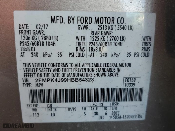 2017 Ford Edge SEL with VIN 2FMPK4J99HBB54323, listed as a Copart auction lot 48169605 with 70,365 mi miles and Salvage Title. Bid and sale history available at carsss.com. Image 12.