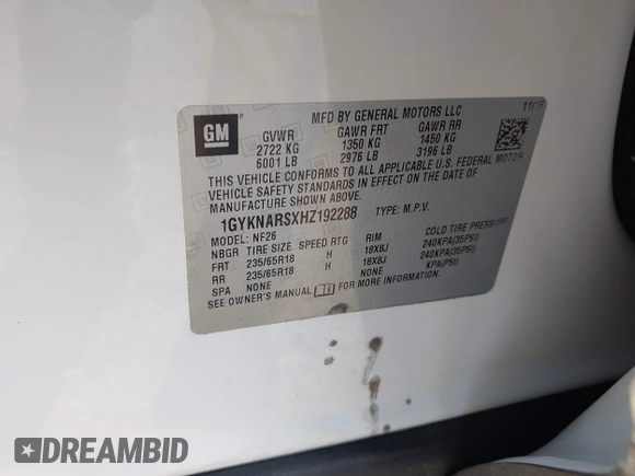 2017 Cadillac XT5 FWD with VIN 1GYKNARSXHZ192288, listed as a IAAI auction lot 42550286 with 115,570 mi miles and . Bid and sale history available at DreamBid. Image 9.