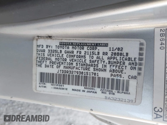 2003 Toyota Celica GT with VIN JTDDR32T930151701, listed as a IAAI auction lot 41765193 with 162,686 mi miles and . Bid and sale history available at DreamBid. Image 9.