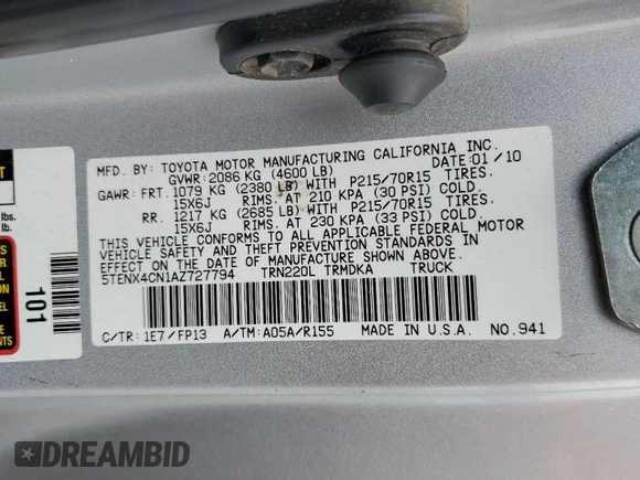 2010 Toyota Tacoma with VIN 5TENX4CN1AZ727794, listed as a Copart auction lot 54159145 with 83,348 mi miles and Salvage Title. Bid and sale history available at carsss.com. Image 12.
