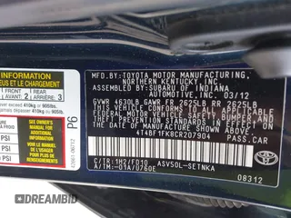2012 Toyota Camry L z VIN 4T4BF1FK8CR207904, wystawiony jako IAAI lot #41909263 z przebiegiem 201 747 mil mil oraz . Historia ofert i sprzedaży dostępna na DreamBid. Obrazek 9.