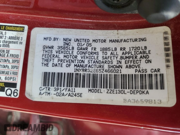 2005 Toyota Corolla CE with VIN 1NXBR32E65Z466021, listed as a Copart auction lot 55842365 with 299,999 mi miles and Clean Title. Bid and sale history available at DreamBid. Image 12.
