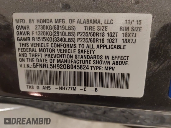 2016 Honda Odyssey Touring Elite with VIN 5FNRL5H92GB045824, listed as a IAAI auction lot 41872220 with 120,557 mi miles. Bid and sale history available at carsss.com. Image 9.