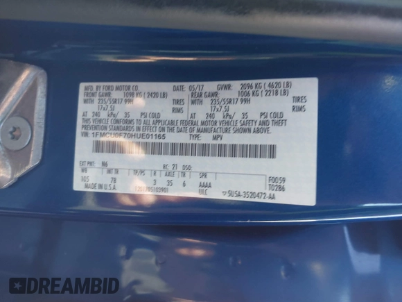 2017 Ford Escape S with VIN 1FMCU0F70HUE01165, listed as a IAAI auction lot 41857374 with 56,973 mi miles. Bid and sale history available at carsss.com. Image 9.