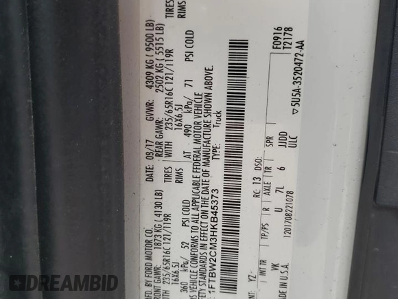 2017 Ford Transit Cargo z VIN 1FTBW2CM3HKB45373, wystawiony jako Copart lot #63834005 z przebiegiem 52 155 mil mil oraz Szkoda całkowita • Salvage title. Historia ofert i sprzedaży dostępna na DreamBid. Obrazek 13.