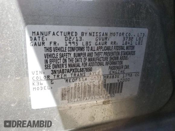 2013 Nissan Sentra FE+ S with VIN 3N1AB7APXDL687650, listed as a Copart auction lot 49295375 with 158,913 mi miles and Salvage Title. Bid and sale history available at DreamBid. Image 14.