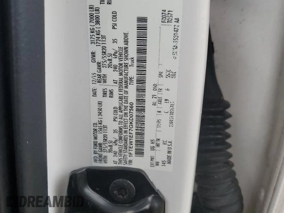 2016 Ford F-150 XLT with VIN 1FTEW1EF7GKD07560, listed as a Copart auction lot 60926955 with 122,895 mi miles and Salvage title. Bid and sale history available at DreamBid. Image 12.