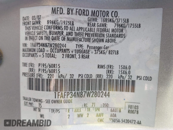 2007 Ford Focus S with VIN 1FAFP34N87W280244, listed as a IAAI auction lot 41432867 with Not Provided miles and . Bid and sale history available at carsss.com. Image 9.