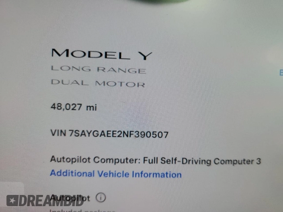 2022 Tesla Model Y Long Range with VIN 7SAYGAEE2NF390507, listed as a Copart auction lot 50986965 with 48,027 mi miles and Non Repairable. Bid and sale history available at DreamBid. Image 9.