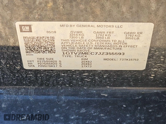 2018 GMC Sierra 1500 SLE z VIN 1GTV2MEC7JZ355593, wystawiony jako IAAI lot #42575783 z przebiegiem 172 588 mil mil oraz . Historia ofert i sprzedaży dostępna na DreamBid. Obrazek 8.