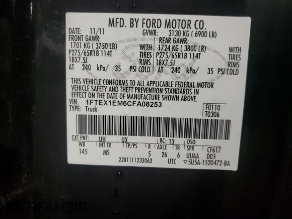 2012 Ford F-150 XL with VIN 1FTEX1EM6CFA08253, listed as a Copart auction lot 84623444 with 0 mi miles and Clean Title. Bid and sale history available at carsss.com. Image 12.