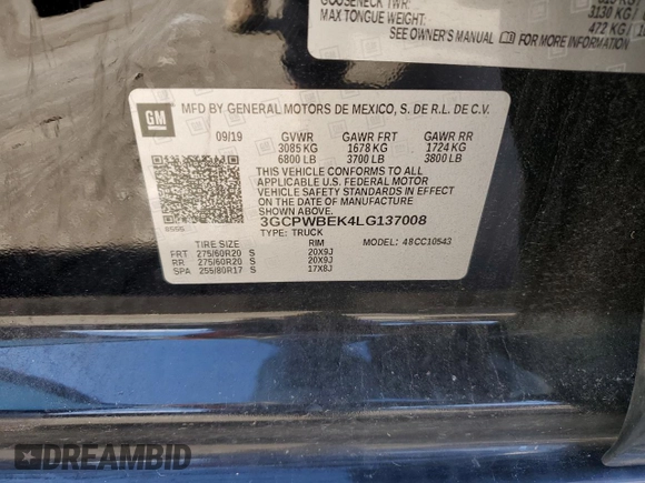 2020 Chevrolet Silverado 1500 Custom with VIN 3GCPWBEK4LG137008, listed as a Copart auction lot 87050564 with 169,386 mi miles and Salvage Title. Bid and sale history available at carsss.com. Image 13.