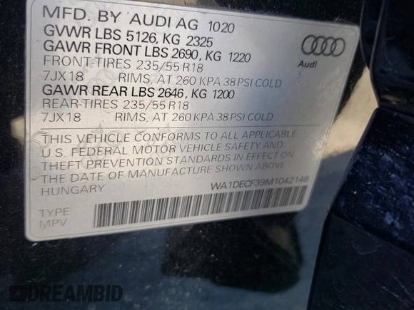 2021 Audi Q3 S line Premium with VIN WA1DECF39M1042148, listed as a Copart auction lot 59171333 with 13,894 mi miles and Salvage title. Bid and sale history available at DreamBid. Image 14.