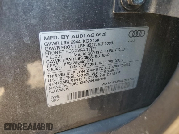 2020 Audi SQ7 z VIN WA1AWAF76LD012223, wystawiony jako Copart lot #64345884 z przebiegiem 76 961 mil mil oraz Szkoda całkowita • Salvage title. Historia ofert i sprzedaży dostępna na DreamBid. Obrazek 13.